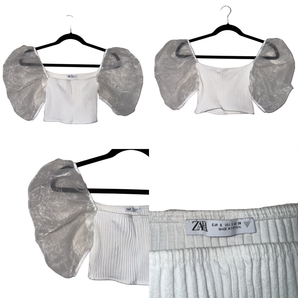 Zara White Top with Sheer Puff Sleeves